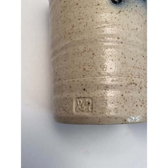 Hand Thrown Art Pottery Stoneware Tumblers Set signed RM Blue Leaf Textured Pair - Picture 3 of 9